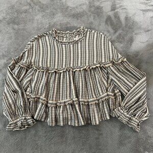 Pilcro Long Sleeve Tiered Babydoll Blouse LARGE Neutral Boho Peasant Shirt Top